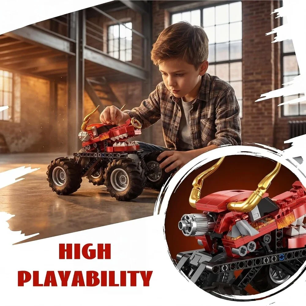 Red Dragon Monster Truck 2-in-1 Building Block Set Pull-Back STEM Toy Ages 8+